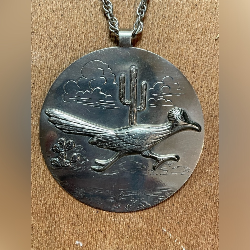 Vintage Bell Trading Post Nickel Silver Roadrunner Pendant Chain Necklace